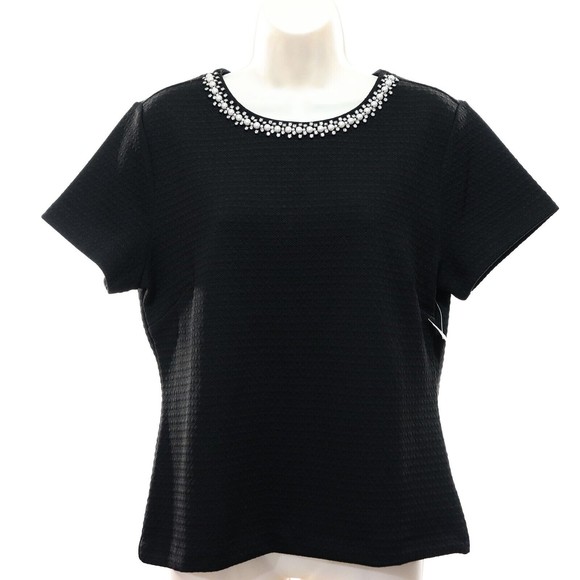 Adrienne Vittadini Tops - Adrienne Vittadini Womens Bead & Rhinestone Shirt Top L Large Black Textured New